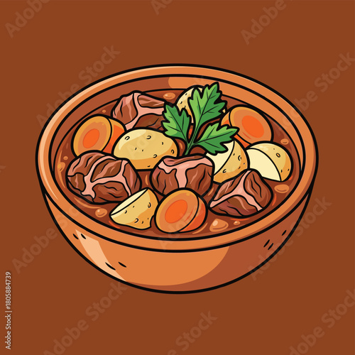 A cartoon illustration of a hearty beef stew with potatoes, carrots, and parsley in a brown bowl, depicted with a simple, clean style.