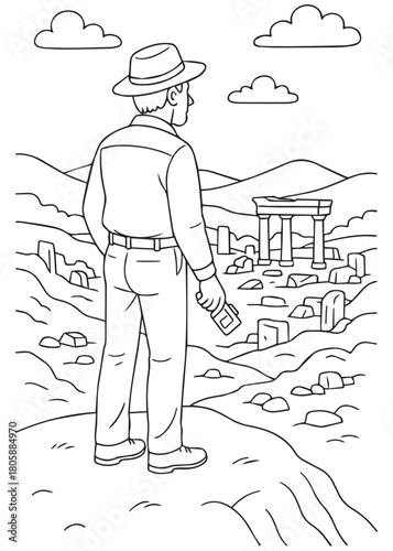  Coloring book Archaeologist dad stands on cliff overlooking ancient valley ruins