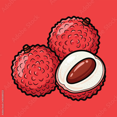 Vibrant cartoon illustration of three red lychee fruits, one cut open to show its white flesh and brown seed, on a solid red background.