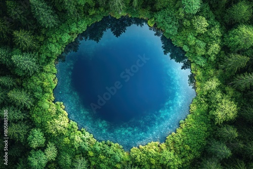 Wallpaper Mural Aerial view of a circular turquoise lake surrounded by dense green forest, a tranquil and serene natural oasis Torontodigital.ca