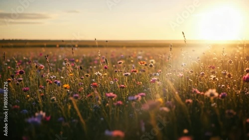 Wallpaper Mural Summer meadow filled with colorful blooming wildflowers at golden hour. Serene nature landscape with a beautiful sunset and soft light for a peaceful background concept Torontodigital.ca