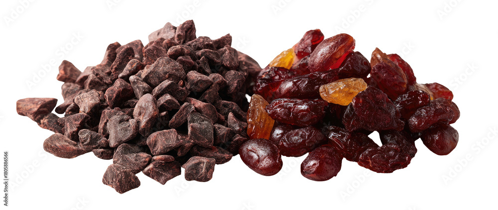 Obraz premium Piles of dark chocolate chunks and dried grapes