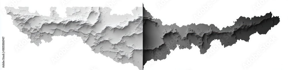 Obraz premium split monochrome topographic relief map showing layered textured terrain with light left and dark mirrored right, dramatic contrast and contemplative mood