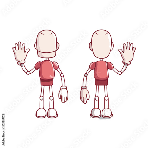 Cartoon character model sheet with front side back views and interchangeable heads and hands
