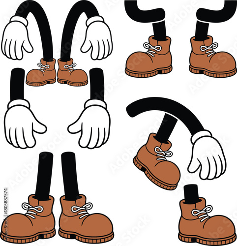 A retro cartoon illustration featuring a collection of vintage leather cowboy bag icons and a set of construction tools hand drawn as a vector art object sketchA retro cartoon illustration featuring a