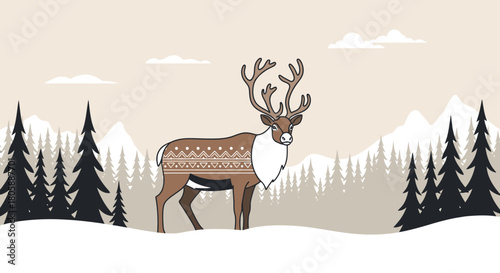 A stylized reindeer with a Nordic sweater pattern standing in a snowy winter landscape with pine trees and mountains.