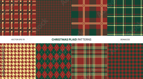 Seamless vector patterns set with traditional Christmas plaid designs in red green gold color scheme including tartan houndstooth argyle textures perfect for holiday decor fabric print winter crafts