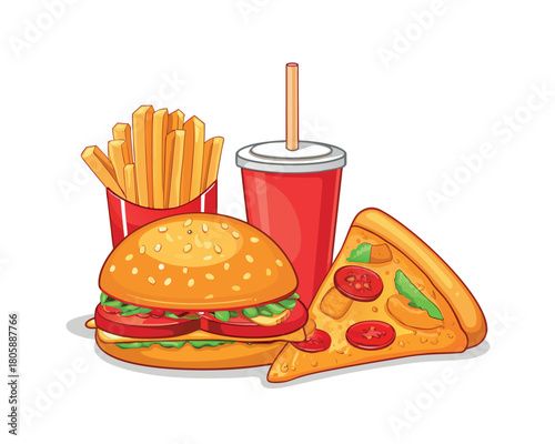 Fast food meal vector illustration of a delicious cheeseburger and fries with a soda drink