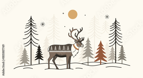 A stylized illustration of a reindeer standing in a snowy forest with pine trees and a sun.