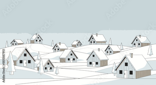 Winter village illustration with houses covered in snow on hills.
