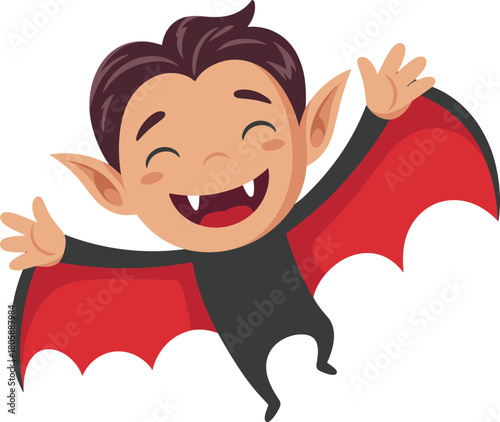 Cute cartoon baby vampire with red wings smiling happily, adorable Halloween character illustration perfect for kids, fun spooky festive artwork