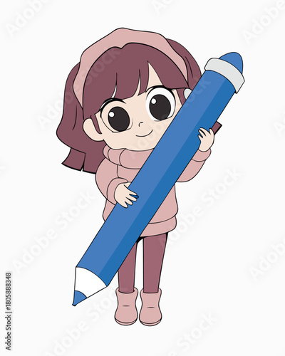 Cartoon illustration of a schoolgirl character drawing in a book with a pencil