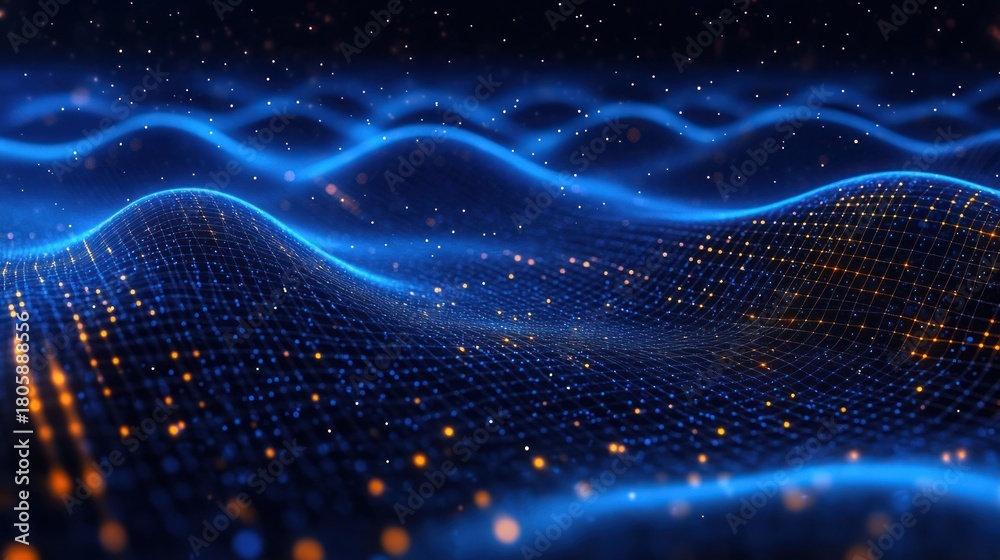 Fototapeta premium Glowing blue wireframe waves and orange data lights drifting across a futuristic digital landscape, serene and mesmerizing