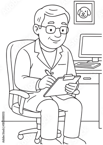 Coloring bok A veterinarian dad sits at his office desk writing medical notes for animal patients