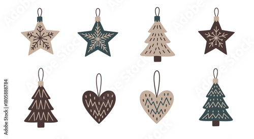A collection of eight rustic Scandinavian-style Christmas ornaments including stars, trees, and hearts in muted colors.