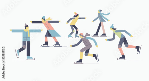Illustration of people ice skating on a white background.