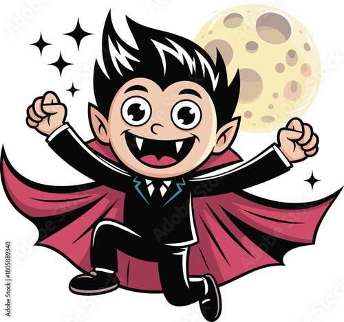Cute cartoon vampire jumping happily with cape spread wide, full moon background, fun and playful Halloween character illustration for kids