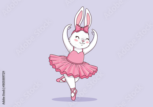 A cute white cartoon bunny dressed in a pink ballerina tutu and ballet shoes, gracefully dancing on a light purple background.