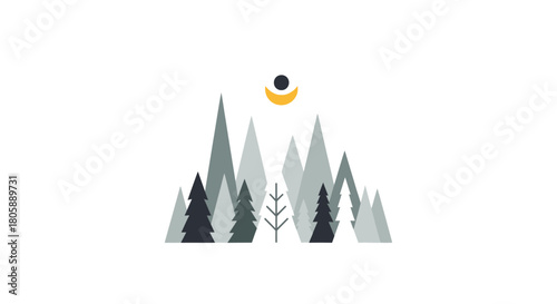 A minimalist and geometric illustration of a mountain range with various evergreen trees and a stylized crescent moon in a clear sky.