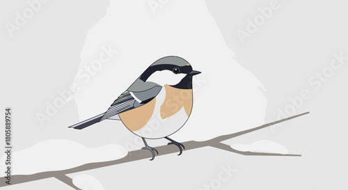 Illustration of a chickadee perched on a branch in winter.