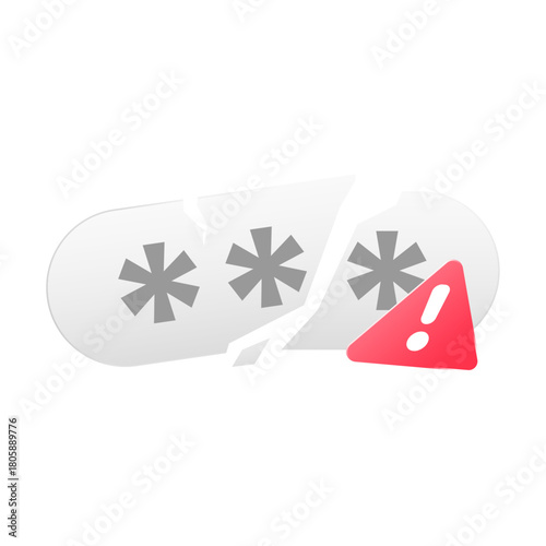 illustration of cracked password input field, exclamation mark warning icon. wrong password, login error, incorrect credentials, security alert. Modern style for UI design, apps or webs error message