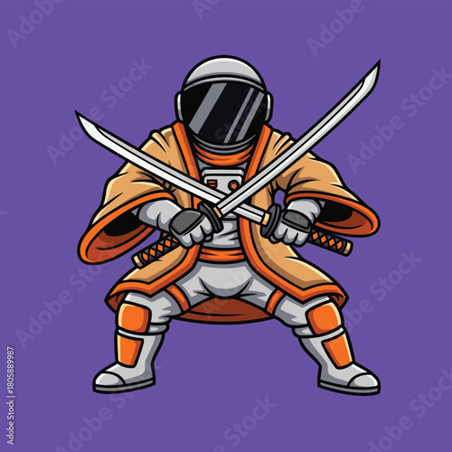 Cartoon illustration of an astronaut samurai warrior in a spacesuit and kimono holding two katanas in a ready stance.