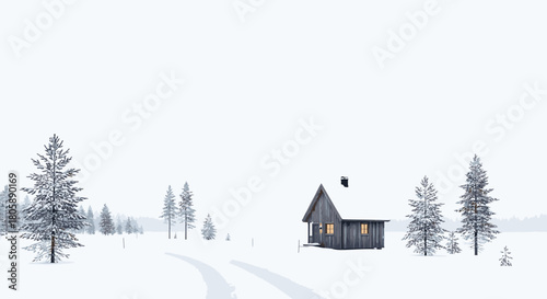 A cozy wooden cabin with glowing windows nestled in a vast, serene, snow-covered winter landscape with pine trees and tire tracks.