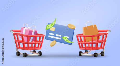3D vector illustration rendering of credit card payment between two shopping carts with gift boxes, bags, coins and banknotes. Ecommerce concept, online shopping decision and secure transaction.