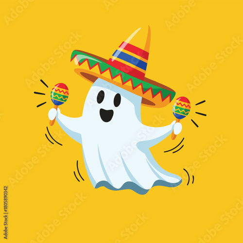 A cute cartoon ghost wearing a colorful sombrero and happily shaking two maracas on a vibrant yellow background, celebrating a festive occasion.