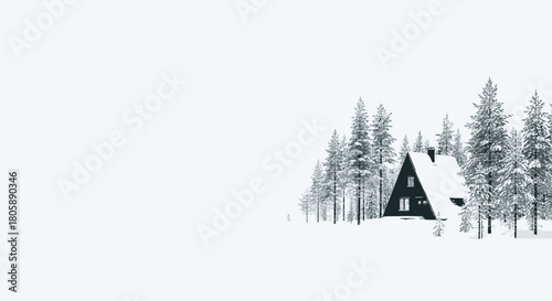 A-frame cabin nestled among snow-covered pine trees in a winter landscape, creating a serene and minimalist scene.