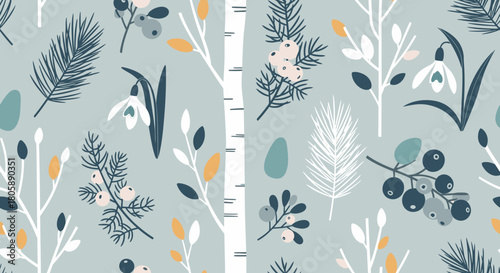 Seamless winter botanical pattern featuring snowdrops, pine needles, berries, and birch trees on a muted background.