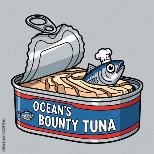A cartoon illustration of an open can of 'Ocean's Bounty Tuna' with a small fish wearing a chef's hat peeking out from the flakes.