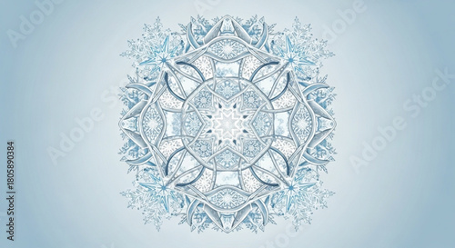 Intricate ice crystal snowflake isolated on detailed geometric pattern with frosty texture, winter holiday decoration with a cool, elegant design