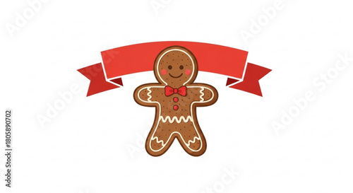 A charming gingerbread man cookie with a red bow tie stands proudly beneath a vibrant red ribbon, isolated on, evoking the warmth and joy of christmas