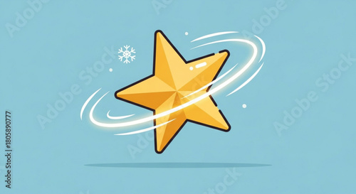 A shining golden star with a dark outline is surrounded by a circular motion of light on a light blue background, creating a magical and enchanting atmosphere