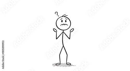 Confused stick figure with a question mark shrugging its shoulders in a hand-drawn illustration.