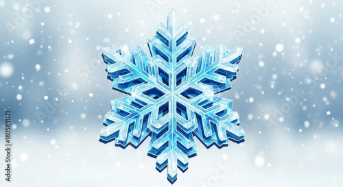 A mesmerizing crystalline snowflake, intricately designed and set against a backdrop of softly falling snow, creating a magical winter scene isolated on