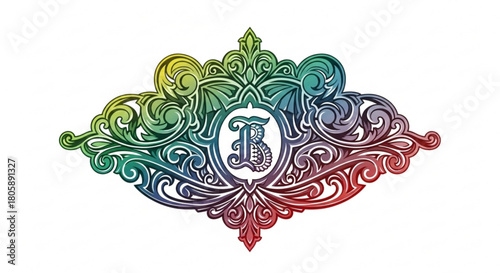 Ornate letter b design isolated on decorative vintage initial with colorful gradient elegant monogram for logo, label, or branding artistic flourish illustration