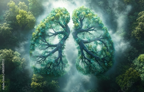 Aerial view of twin trees forming a pair of lungs above a misty forest, branches and roots shaping bronchi and airways, lush green canopy, ethereal and peaceful mood