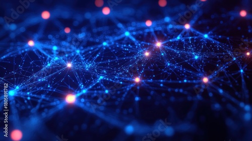 Glowing blue network of interconnected nodes and fine luminous lines with scattered warm light points evoking a futuristic energetic and mysterious digital web