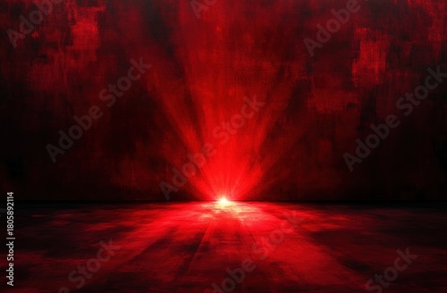 small intense glowing red light at center of dark textured room casting radial beams across reflective floor, dramatic ominous atmosphere