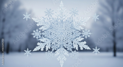 Closeup of a delicate snowflake with intricate details, set against a blurred winter landscape, capturing the serene beauty of a frosty day in nature