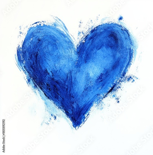 rough blue painted heart with expressive brush strokes and splatters on white background conveying calm melancholy and tender emotion