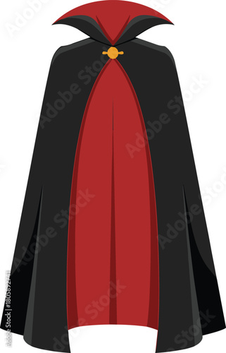 Classic black and red vampire cloak illustration, gothic Halloween costume accessory, spooky Dracula cape design for horror themed decoration artwork