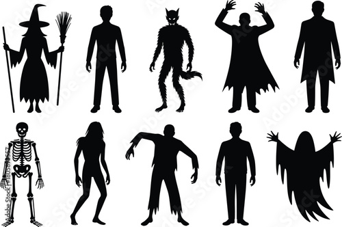 Set of ten spooky Halloween monster silhouettes including witch, werewolf, vampire, skeleton, ghost, zombie figures, creepy horror character collection
