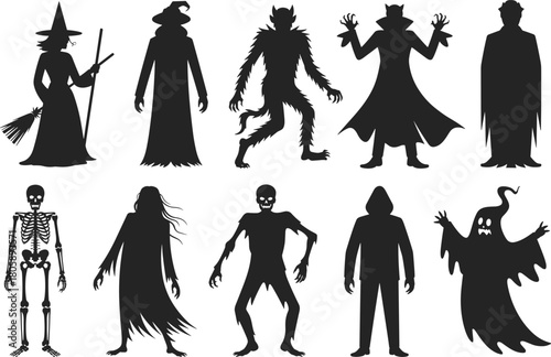 Set of ten spooky Halloween monster silhouettes including witch, werewolf, vampire, skeleton, ghost, zombie figures, creepy horror character collection