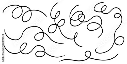Set Handdrawn Swirls Line Vector Ideal for decorative borders, artistic flair, and designs requiring a playful, fluid, hand-drawn look.