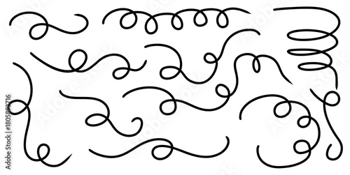 Set Handdrawn Abstract Curly Line Vector Ideal for expressive backgrounds, annotations, and designs requiring a chaotic or energetic, hand-drawn look.