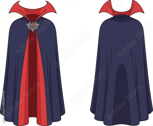 Two view vampire cloak illustration with dark blue and red colors, gothic Halloween costume accessory design, spooky Dracula cape artwork