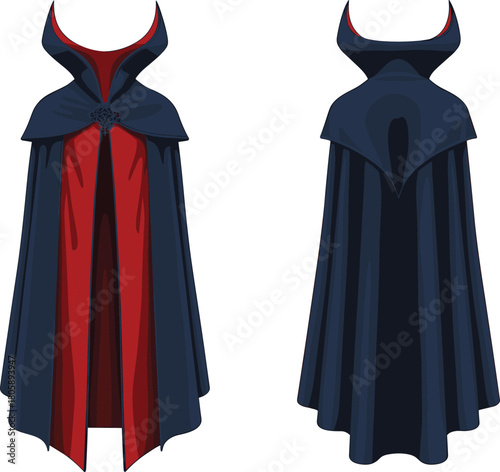 Two view vampire cloak illustration with dark blue and red colors, gothic Halloween costume accessory design, spooky Dracula cape artwork